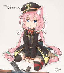 Rule 34 | 1girl, akm, animal ear fluff, animal ears, assault rifle, asymmetrical legwear, between legs, black hat, black jacket, black legwear, black shorts, blue eyes, boots, bow, brown background, brown footwear, cat ears, commentary request, coreytaiyo, dated, gun, hand between legs, hat, highres, hinata channel, jacket, kalashnikov rifle, long hair, long sleeves, low twintails, military, military hat, military jacket, military uniform, mismatched legwear, nekomiya hinata, peaked cap, pink hair, red bow, rifle, short shorts, shorts, signature, simple background, sitting, solo, striped clothes, striped legwear, striped thighhighs, thighhighs, translation request, twintails, uniform, very long hair, virtual youtuber, wariza, weapon