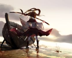 Rule 34 | 1girl, back, boat, boots, brown hair, cloud, from behind, hair ornament, hair ribbon, holding, holding weapon, original, reflection, ribbon, skirt, sky, sword, twintails, untan (nanathy), water, watercraft, weapon, wooden sword