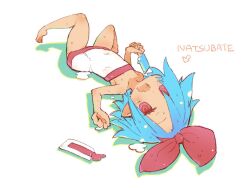 Rule 34 | 1girl, @ @, bare shoulders, barefoot, blue hair, bow, commentary, disgaea, dress, flat chest, food, full body, hair bow, harada takehito, holding, holding food, holding popsicle, hot, lying, on back, open mouth, original, pleinair, popsicle, red bow, red eyes, shadow, short hair, simple background, sketch, solo, strapless, strapless dress, sweat, wavy mouth, white background