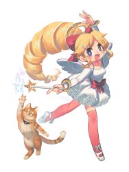Rule 34 | 1girl, :d, absurdres, arm up, blonde hair, blue eyes, bow, breasts, cat, collarbone, commentary, dress, drill hair, drill ponytail, english commentary, fake wings, full body, hair ornament, hairclip, highres, holding, holding wand, long hair, long sleeves, looking at viewer, medium breasts, open mouth, original, parted bangs, pink bow, pink thighhighs, porforever, shoes, sidelocks, simple background, smile, solo, star-shaped pupils, star (symbol), star hair ornament, symbol-shaped pupils, thighhighs, waist bow, wand, white background, white dress, white footwear, wing hair ornament, wings, zettai ryouiki