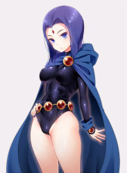 Rule 34 | 1girl, animification, bad id, bad tumblr id, belt, breasts, cape, colored skin, covered erect nipples, covered navel, dc comics, forehead jewel, grey skin, hand on own hip, hizuki akira, jewelry, large breasts, leotard, looking at viewer, perky breasts, purple eyes, purple hair, raven (dc), short hair, simple background, solo, teen titans