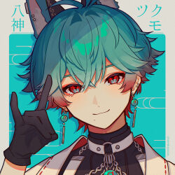Rule 34 | 1boy, amenochi hare, animal ears, aqua hair, bandages, bishounen, black gloves, check commentary, choker, closed mouth, commentary, commentary request, dangle earrings, earrings, fox ears, fox shadow puppet, gloves, hair between eyes, highres, jewelry, male focus, multicolored hair, neo-porte, o-ring, o-ring choker, portrait, red eyes, red hair, short hair, simple background, smile, solo, twitter username, two-tone hair, virtual youtuber, yagami tsukumo