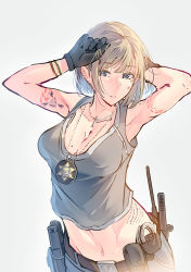 Rule 34 | 1girl, arm tattoo, armpits, arms up, blonde hair, blue eyes, breasts, cleavage, cuffs, daito, earrings, gun, handcuffs, handgun, highres, jewelry, looking at viewer, medium breasts, midriff, navel, necklace, original, police badge, radio, short hair, solo, tank top, tattoo, weapon, white background