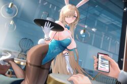 Rule 34 | 1girl, 1other, animal ears, asuna (blue archive), asuna (bunny) (blue archive), bare shoulders, black pantyhose, blue archive, blue bow, blue bowtie, blue eyes, blue leotard, blurry, bow, bowtie, breasts, cellphone, cirilla lin, cup, depth of field, detached collar, drinking glass, elbow gloves, fake animal ears, fake tail, glint, gloves, grin, hair over one eye, hand up, high heels, holding, holding phone, holding tray, large breasts, leg up, legs, leotard, light brown hair, long hair, looking at viewer, official alternate costume, one eye covered, out of frame, pantyhose, phone, playboy bunny, rabbit ears, rabbit tail, sideboob, smartphone, smile, solo focus, sparkle, standing, standing on one leg, strapless, strapless leotard, table, tail, thighs, tray, very long hair, white gloves