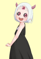 Rule 34 | 1girl, :d, black dress, black sclera, blush, colored sclera, dress, easy (aqk7bdqt), hime-sama &quot;goumon&quot; no jikan desu, horns, looking at viewer, maomao (himesama goumon), open mouth, pointy ears, red eyes, short hair, simple background, sleeveless, sleeveless dress, smile, solo, standing, third eye, white hair