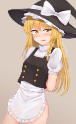 Rule 34 | 1girl, arms behind back, blonde hair, blush, bow, braid, breasts, dakuazu, frilled hat, frills, grey background, hair bow, hair ornament, hat, highres, kirisame marisa, long hair, looking at viewer, open mouth, simple background, small breasts, solo, standing, touhou, wavy mouth, witch, witch hat