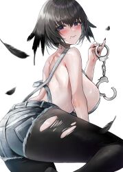 Rule 34 | 1girl, ass, bare shoulders, black hair, black nails, black pantyhose, blue eyes, blush, breasts, closed mouth, cuffs, feathers, from behind, handcuffs, highres, holding, holding handcuffs, large breasts, looking at viewer, looking back, original, pantyhose, short shorts, shorts, simple background, smile, solo, suou-sensei, thighs, torn clothes, torn pantyhose, white background