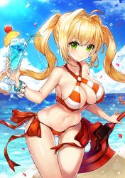 Rule 34 | 1girl, ahoge, beach, bikini, blonde hair, blue sky, blush, breasts, cleavage, closed mouth, cloud, cloudy sky, cowboy shot, criss-cross halter, cup, day, drinking straw, fate/grand order, fate (series), floating hair, green eyes, hair intakes, halterneck, highres, holding, holding cup, holding sword, holding weapon, large breasts, leaning forward, light rays, narae, navel, nero claudius (fate), nero claudius (fate) (all), nero claudius (swimsuit caster) (fate), ocean, outdoors, petals, red bikini, rose petals, side-tie bikini bottom, sky, smile, solo, standing, striped bikini, striped clothes, sunbeam, sunlight, swimsuit, sword, thighs, tropical drink, twintails, weapon, white bikini