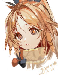 Rule 34 | 1girl, arknights, artist name, black bow, bow, dated, feather hair, highres, long hair, looking at viewer, mole, mole under eye, nopetroto, orange bow, orange eyes, orange hair, pinecone (arknights), ponytail, portrait, simple background, solo, two-tone bow, white background