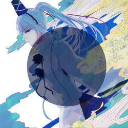 Rule 34 | 1girl, blue eyes, blue hat, blue skirt, dutch angle, egasumi, from side, hair ribbon, hat, japanese clothes, kariginu, layered clothes, layered sleeves, long hair, long sleeves, looking at viewer, looking to the side, mononobe no futo, pale skin, pom pom (clothes), ponytail, profile, red ribbon, ribbon, sakuma, silver hair, skirt, solo, tate eboshi, touhou, very long sleeves, wide sleeves