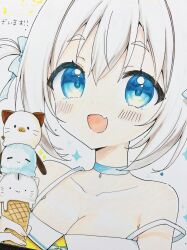 1girl :3 :d aoi_yun blue_choker blue_eyes blush breasts character_request choker cleavage collarbone commentary copyright_request cropped double_scoop fang food highres holding holding_food holding_ice_cream holding_ice_cream_cone ice_cream ice_cream_cone looking_at_viewer marker_(medium) open_mouth single_off_shoulder skin_fang smile solo sparkle_background traditional_media waffle_cone white_hair