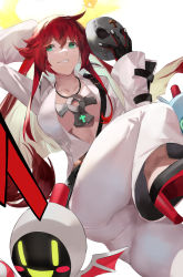 Rule 34 | 1girl, ankh, ankh necklace, aria (guilty gear), belt, blazpu, bodysuit, breasts, center opening, collarbone, spiked halo, cross, gloves, green eyes, grin, guilty gear, guilty gear strive, halo, high heels, highres, jack-o&#039; valentine, knight servant, large breasts, long hair, long sleeves, looking at viewer, mask, multicolored hair, plunging neckline, red hair, smile, thighs, two-tone hair, white bodysuit, white hair