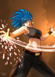 Rule 34 | 1girl, belt, belt buckle, black gloves, blue eyes, blue hair, breasts, buckle, cargo pants, crop top, earrings, covered erect nipples, gloves, high ponytail, jewelry, large breasts, leona heidern, long hair, matching hair/eyes, midriff, navel, pants, shirt, solo, sparks, tank top, taut clothes, taut shirt, the king of fighters, unknown tico