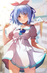Rule 34 | 1girl, belt, blue hair, blue neckerchief, blue ribbon, blurry, blurry background, blush, closed mouth, commentary request, cowboy shot, dress, eyes visible through hair, hair ribbon, highres, hololive, looking at viewer, multicolored hair, musical note, neckerchief, nira (vira), puffy short sleeves, puffy sleeves, red eyes, ribbon, sailor collar, short eyebrows, short hair, short sleeves, skirt hold, smile, solo, standing, streaked hair, thick eyebrows, usada pekora, usada pekora (casual), virtual youtuber, white belt, white dress, white hair, white sailor collar
