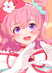 Rule 34 | 1girl, absurdres, bow, choker, commentary, cone hair bun, cure precious, delicious party precure, double bun, dress, earrings, gloves, hair bow, hair bun, hairband, highres, jewelry, long hair, looking at viewer, magical girl, nagomi yui, off-shoulder dress, off shoulder, open mouth, otako (ahw0jwkbzah7gpn), own hands together, pink hair, portrait, precure, purple eyes, red bow, red choker, red hairband, red ribbon, ribbon, smile, solo, two side up, white gloves