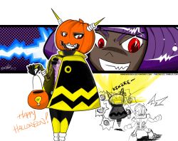 Rule 34 | 1girl, antennae, bad id, bad tumblr id, beck (mighty no. 9), bob cut, cape, dark-skinned female, dark skin, dynatron (mighty no. 9), ernie lee, grin, halloween, halloween costume, happy halloween, jack-o&#039;-lantern, joints, light bulb, mighty no. 9, no feet, purple hair, red eyes, revealing clothes, revealing layer, robot, robot joints, short hair, smile, solo focus, watermark, web address