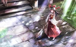 Rule 34 | 1girl, amamitsu kousuke, autumn leaves, bad id, bad nicoseiga id, bare shoulders, bow, broom, brown eyes, brown hair, detached sleeves, dress, female focus, floating hair, from above, full body, grass, hair bow, hair tubes, hakurei reimu, hakurei shrine, japanese clothes, long hair, long sleeves, miko, nature, outdoors, plant, red bow, ribbon, ribbon-trimmed sleeves, ribbon trim, sandals, shrine, smile, solo focus, stairs, stone floor, sunlight, touhou, white legwear, wind