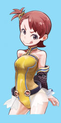 Rule 34 | &gt;:), 1girl, :q, bare shoulders, blue background, brown eyes, brown hair, collarbone, detached sleeves, futami ami, hair ornament, highres, idolmaster, idolmaster (classic), kousaku, looking at viewer, side ponytail, simple background, solo, tongue, tongue out, v-shaped eyebrows