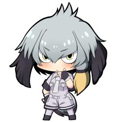 Rule 34 | &gt;:/, 10s, 1girl, :/, bird tail, black gloves, black hair, blush, bodystocking, chibi, closed mouth, eyelashes, full body, gloves, green eyes, grey necktie, grey shirt, grey shorts, hand on own face, head wings, kemono friends, long hair, multicolored hair, necktie, pantyhose, shirt, shoebill (kemono friends), short hair, shorts, silver necktie, silver shirt, silver shorts, simple background, solo, tail, twumi, v-shaped eyebrows, white background, wings