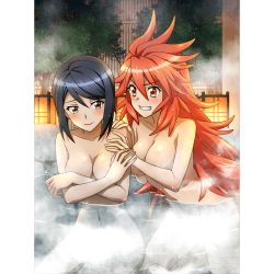 Rule 34 | 2girls, amou kanade, artist request, black hair, blush, breasts, brown eyes, covering breasts, covering privates, grin, large breasts, long hair, looking at another, multiple girls, navel, nude, official art, onsen, orange eyes, red hair, same-sex bathing, senki zesshou symphogear, shared bathing, short hair, smile, steam, tomosato aoi, topless, yuri