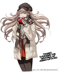 Rule 34 | 1girl, alternate costume, artist name, black headwear, black pantyhose, black scarf, brown jacket, closed eyes, commentary, criis-chan, cropped legs, cup, danganronpa: trigger happy havoc, danganronpa (series), english commentary, enoshima junko, floating hair, holding, holding cup, jacket, long hair, long sleeves, meme, miniskirt, mittens, open clothes, open jacket, pantyhose, parted lips, pleated skirt, red skirt, scarf, simple background, skirt, smile, solo, teeth, twitter strip game (meme), white background, winter clothes
