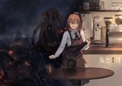 Rule 34 | 1girl, alternate costume, apron, blazer, blush, bolt action, breasts, brown hair, cafe, cleavage, coffee, coffee beans, coffee grinder, coffee maker, commentary request, cup, duoyuanjun, fire, girls&#039; frontline, gloves, green eyes, gun, hair between eyes, hair ribbon, hair rings, half-closed eyes, holding, holding tray, indoors, jacket, large breasts, light particles, long hair, long sleeves, looking at viewer, m1903 springfield, multiple views, night, official alternate costume, official art, open mouth, outdoors, ponytail, ribbon, rifle, ruins, sash, scenery, shirt, sidelocks, skirt, smile, springfield (girls&#039; frontline), table, tray, twintails, weapon