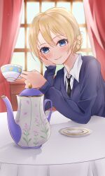 absurdres black_necktie blonde_hair blue_cardigan blue_eyes cardigan cup darjeeling_(girls_und_panzer) girls_und_panzer hair_between_eyes hand_on_own_face highres holding holding_cup leaning_forward light_blush light_smile narupi_(awbzojfijs75103) necktie school_uniform shirt st._gloriana&#039;s_school_uniform teapot white_shirt