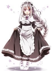 Rule 34 | 10s, 1girl, :d, apron, black dress, blush, capelet, dress, emilia (re:zero), full body, hair between eyes, hair ribbon, haota rinka, highres, looking at viewer, maid headdress, neck ribbon, open mouth, purple eyes, purple ribbon, re:zero kara hajimeru isekai seikatsu, ribbon, silver hair, simple background, skirt hold, smile, solo, standing, star (symbol), white apron, white background, white footwear