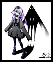 Rule 34 | 1girl, aircraft, airplane, b-2 spirit, blue eyes, bomber, border, dress, flower, flying wing, gloves, gothic lolita, headband, heavy bomber, jet, lolita fashion, mecha musume, military, military vehicle, pantyhose, penetrator (aircraft), personification, purple hair, skirt, solo, stealth, stealth aircraft, stealth bomber, strategic bomber, striped clothes, striped pantyhose, thighhighs, wiw