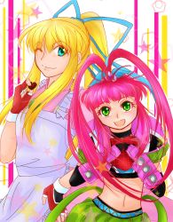 Rule 34 | 1girl, absurdres, apron, blue eyes, breasts, chelsea torn, chocolate, dress, elbow gloves, gloves, green eyes, highres, lilith aileron, long hair, midriff, open mouth, pink hair, tales of (series), tales of destiny, wink