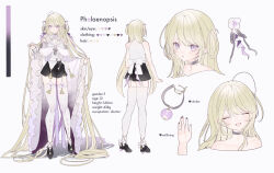 Rule 34 | 1girl, absurdly long hair, ahoge, back bow, bare shoulders, black footwear, black shorts, blonde hair, blush, bow, brooch, character profile, choker, closed eyes, color guide, cropped shoulders, detached sleeves, english text, flat chest, frilled sleeves, frills, from behind, full body, garter straps, hair ribbon, hair rings, high heels, highres, jewelry, long hair, looking at viewer, msa (fary white), multiple views, open mouth, original, purple eyes, ribbon, ring, shirt, short shorts, shorts, sleeveless, sleeveless shirt, slit pupils, smile, tassel, thighhighs, very long hair, white thighhighs, wide sleeves