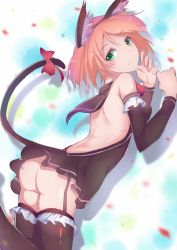 Rule 34 | 10s, 1girl, animal ears, ass, bare back, black dress, black thighhighs, bow, cat ears, cat tail, detached sleeves, dress, frills, from behind, garter straps, green eyes, hoshizora rin, kameponde, light smile, long sleeves, looking at viewer, love live!, love live! school idol festival, love live! school idol project, no panties, orange hair, sailor collar, simple background, solo, tail, thighhighs, upskirt