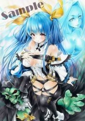Rule 34 | 1girl, arim0k0, asymmetrical wings, black panties, black thighhighs, blue hair, breasts, cleavage, closed mouth, cross-laced clothes, dizzy (guilty gear), guilty gear, guilty gear xrd, hair ribbon, hand on own chest, highres, large breasts, long hair, looking at viewer, navel, necro (guilty gear), panties, red eyes, ribbon, sample watermark, shirt, solo, thighhighs, traditional media, twintails, underwear, undine (guilty gear), watermark, white shirt, wings, yellow ribbon