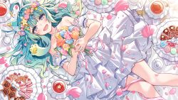 Rule 34 | 1girl, :d, ahoge, animal ear fluff, animal ears, bare shoulders, blue flower, blue rose, blush, bouquet, cat ears, collarbone, commentary request, cookie, cup, detached sleeves, dress, dutch angle, feet out of frame, flower, food, green hair, hanagata, holding, holding bouquet, knees together feet apart, lanmewko, long hair, looking at viewer, lying, meridian project, on back, open mouth, pink flower, pink rose, plate, puffy short sleeves, puffy sleeves, purple eyes, rose, saucer, short sleeves, smile, solo, tea, teacup, virtual youtuber, white dress, white sleeves, yellow flower, yellow rose