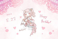 Rule 34 | 1other, akiyama mizuki, back bow, blush stickers, bow, chibi, closed mouth, dated, detached sleeves, dress, floating, frilled dress, frills, from side, full body, hair bow, hand on own knee, happy birthday, heart, highres, knees to chest, knees together feet apart, long bangs, long hair, looking at viewer, pink dress, pink eyes, pink hair, pink theme, project sekai, sa-fu (sfmk39), shoes, short sleeves, side ponytail, sidelocks, signature, sleeveless, sleeveless dress, smile, solo, striped, striped bow, white bow, wrist cuffs