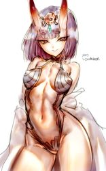 Rule 34 | 1girl, 2017, bare shoulders, breasts, fate/grand order, fate (series), horns, looking at viewer, medium breasts, navel, purple eyes, purple hair, revealing clothes, rondo bell, short hair, shuten douji (fate), shuten douji (first ascension) (fate), simple background, smile, solo, standing, thick eyebrows, thighs, white background