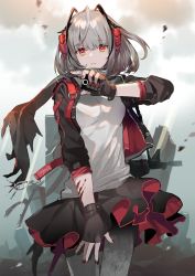 Rule 34 | 1girl, ahoge, arknights, black gloves, black jacket, black pantyhose, black skirt, breasts, bruise, controller, cowboy shot, eihi, fingerless gloves, gloves, grey hair, gun, holding, horns, injury, jacket, long sleeves, looking at viewer, medium hair, miniskirt, nail polish, open clothes, open jacket, pantyhose, parted lips, red eyes, red nails, remote control, rifle, scarf, shirt, skirt, solo, standing, strap, w (arknights), weapon, white shirt