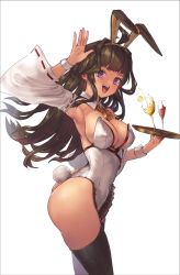 Rule 34 | 1girl, adapted costume, ahoge, animal ears, ass, black thighhighs, blush, breasts, brown hair, cleavage, cowboy shot, detached collar, double bun, fake animal ears, fake tail, hair bun, holding, holding tray, kantai collection, kongou (kancolle), large breasts, leotard, long hair, loolook, open mouth, playboy bunny, purple eyes, rabbit ears, rabbit tail, smile, solo, tail, thighhighs, tray, white leotard, wrist cuffs