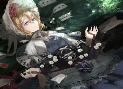 Rule 34 | 1girl, alice margatroid, blonde hair, blue eyes, dress, fine art parody, flower, gothic lolita, hat, headdress, highres, kumonji aruto, lolita fashion, looking at viewer, ophelia (painting), parody, partially submerged, petals, ribbon, rose, serious, solo, touhou, water