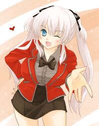 Rule 34 | 1girl, ;d, black bow, black bowtie, black ribbon, black skirt, blue eyes, bow, bowtie, breasts, buttons, collared shirt, dress shirt, fingernails, grey hair, grey shirt, hair between eyes, hair ribbon, hand on own hip, heart, jacket, koshikawa guu, large breasts, leaning forward, legs apart, long hair, long sleeves, looking at viewer, mabinogi, miniskirt, nao (mabinogi), one eye closed, open mouth, outstretched hand, red jacket, ribbon, shirt, sidelocks, skirt, smile, solo, standing, twintails