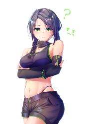 Rule 34 | 1girl, 200f (nifu), ?, absurdres, bandana, black gloves, black hair, blush, braid, breasts, cleavage, collarbone, commentary request, crop top, crossed arms, detached sleeves, emoticon, fingerless gloves, girls&#039; frontline, gloves, green eyes, green nails, green trim, highleg, highleg panties, highres, jitome, long hair, looking at viewer, mac-10 (girls&#039; frontline), medium breasts, nail polish, panties, parted lips, shirt, short shorts, short twintails, shorts, simple background, solo, stitches, taut clothes, taut shirt, twin braids, twintails, underwear, white background