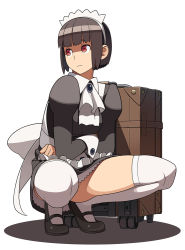 Rule 34 | 1girl, black hair, blunt bangs, bob cut, crossed arms, expressionless, full body, go robots, headdress, maid, maid headdress, mary janes, no panties, original, red eyes, ringed eyes, shoes, short hair, solo, squatting, suitcase, thighhighs, upskirt, white background, white thighhighs