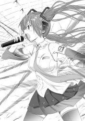 Rule 34 | 1girl, arm tattoo, armpits, asunogear, bare shoulders, boots, concert, detached sleeves, floating hair, greyscale, hatsune miku, headphones, headset, highres, holding, holding microphone, long hair, microphone, monochrome, music, necktie, open mouth, pleated skirt, profile, shouting, singing, skirt, solo, stage lights, sweatdrop, tattoo, thigh boots, thighhighs, twintails, very long hair, vocaloid, wind, zettai ryouiki