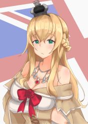 Rule 34 | 10s, 1girl, :/, aqua eyes, bare shoulders, braid, breasts, cleavage, corset, crossed arms, dress, french braid, hairband, highres, jewelry, kantai collection, large breasts, light brown hair, long hair, looking at viewer, necklace, off-shoulder dress, off shoulder, solo, union jack, warspite (kancolle), yuanqi