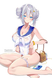 Rule 34 | 1girl, :3, azur lane, blue eyes, blue sailor collar, blush, bracelet, breasts, casual one-piece swimsuit, cleavage, closed mouth, collarbone, covered navel, double bun, grey hair, hair between eyes, hair bun, hair ornament, hairclip, highres, jade (a lick of summer) (azur lane), jade (azur lane), jewelry, large breasts, leg tattoo, looking at viewer, medium hair, mole, mole under eye, official alternate costume, one-piece swimsuit, quatraise, sailor collar, simple background, sitting, solo, swimsuit, tattoo, thigh strap, thighs, tumblr username, twitter username, white background, white one-piece swimsuit