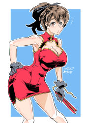 Rule 34 | 1girl, artist name, black gloves, black ribbon, blue background, breasts, bright pupils, brown eyes, brown hair, china dress, chinese clothes, cleavage, cleavage cutout, clothing cutout, commentary, cowboy shot, dated, dress, folding fan, girls und panzer, gloves, hair ribbon, hand fan, hand on own hip, high collar, highres, holding, holding fan, koyama yuzu, large breasts, leaning forward, looking at viewer, medium hair, notice lines, one-hour drawing challenge, outline, parted lips, ribbon, shinkuukan (tetsuo3), short ponytail, sleeveless, sleeveless dress, solo, standing, thighs, white outline, white pupils