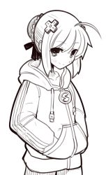 Rule 34 | 1girl, ahoge, artoria pendragon (all), artoria pendragon (fate), boa (brianoa), braid, brown theme, closed mouth, cosplay, cowboy shot, d-pad, fate/stay night, fate (series), greyscale, hair bun, hair ornament, hands in pockets, hood, hoodie, long sleeves, looking at viewer, monochrome, neptune (neptunia), neptune (neptunia) (cosplay), neptune (series), pants, saber (fate), short hair, simple background, single hair bun, smile, solo, standing, white background