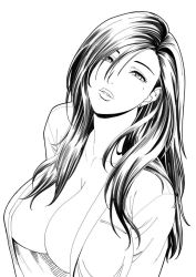 Rule 34 | 1girl, breasts, cleavage, curvy, greyscale, hair over one eye, jewelry, large breasts, long hair, looking at viewer, mature female, mole, mole under eye, monochrome, no bra, open clothes, open shirt, original, shirt, solo, tatsunami youtoku
