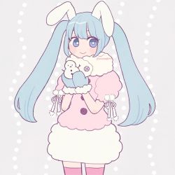 Rule 34 | 1girl, animal ears, blue eyes, blue hair, bright pupils, bubble skirt, buttons, closed mouth, cowboy shot, emma (kumaema), fur collar, fur trim, highres, long hair, mittens, original, pink shirt, pink thighhighs, pom pom (clothes), puffy short sleeves, puffy sleeves, rabbit ears, shirt, short sleeves, skirt, smile, solo, standing, thighhighs, twintails, twitter username, white pupils, white skirt, zettai ryouiki