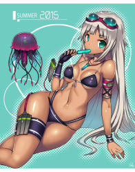 Rule 34 | 1girl, aqua eyes, armband, bikini, breasts, food, front-tie bikini top, front-tie top, gia, gloves, green eyes, halftone, halftone background, highres, jellyfish, jewelry, long hair, looking at viewer, lying, medium breasts, on side, original, pendant, popsicle, robot, silver hair, single glove, skindentation, solo, swimsuit, tan, underboob, wide hips